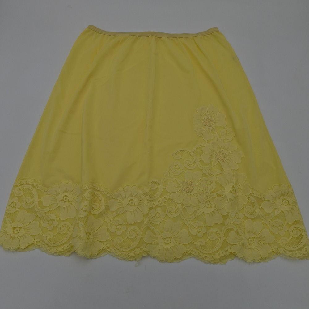 Vintage Vanity Fair Yellow Lace Trim Half Slip Tricot Nylon Midi Made in USA M